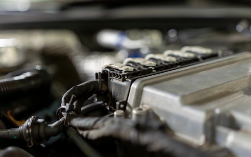 A black automotive connector attached to the metal electronic control unit inside a car’s engine bay.